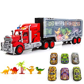 Toysery Transport Truck Carrier Toy | Large Mobile Garage Truck Toy for Boys and Girls | Includes Small Cars and Dinosaurs | Non-Battery Operated | Ideal Toy Gift for Kids