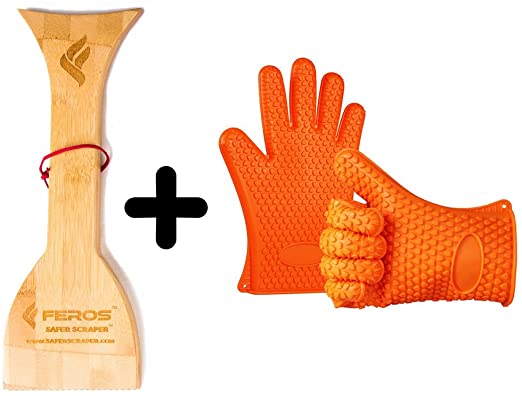 FEROS KIT (2 Items!) Safer Scraper Wood BBQ Wooden Grill Cleaner and Best Silicone Heat Resistant Grill Gloves Oven Mitts for Grilling and Kitchen Buy Together & Save!