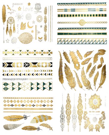 Premium Metallic Tattoos - 75  Gold, Silver, Black & Shimmer Designs. Temporary Fake Jewelry Tattoos - Bracelets, Feathers, Wrist & Arm Bands, & More by Terra Tattoos™ (Chloe Collection)