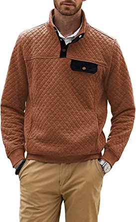 JMIERR Mens Quilted Sweatshirt Casual Long Sleeve Outdoor Stand Collar Button Pullover Sweatshirts