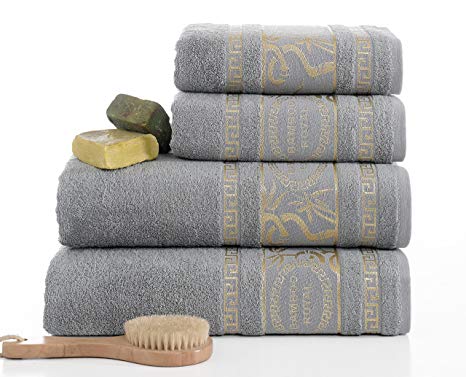 Luxury Turkish Bamboo Towel Set,p Bamboo0 Turkish Cotton, 2 Bath Towels and 2 Hand Towels - Natural, Ultra Absorbent and Ultra Soft (Gift Set of 4) (Grey)