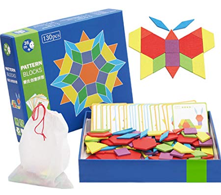Wooden Pattern Blocks | Classic Educational Toy with 130 Geometric Shape Pieces and 24 Designs