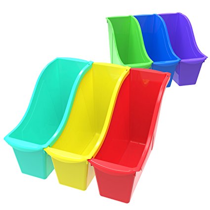 Storex Small Book Bin with Front Pockets, 11.75 x 4.5 x 8.5", Assorted Colors, Case of 6 (70113U06C)