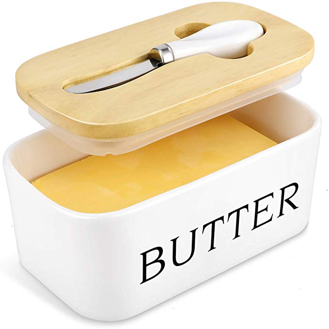 X-Chef Butter Dish with Lid, Large Ceramic Butter Container Keeper with Wooden Lid and Butter Knife, Hold 2 Standard Butter Sticks, 17oz/500ml, White