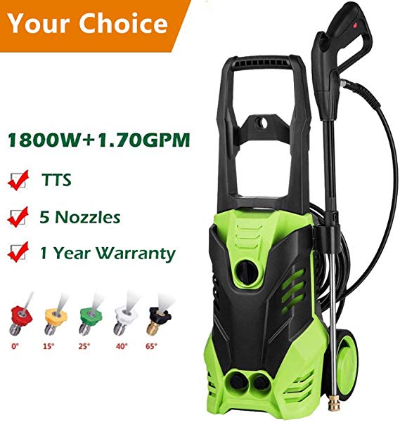 Rendio 3000 PSI Electric Pressure Washer, 1800W Rolling Wheels High Pressure Professional Washer Cleaner Machine with Power Hose Nozzle Gun and 5 Quick-Connect Spray Tips One Year Warranty