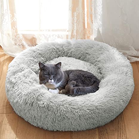 Joyreap Round Plush Dog Bed, Faux Fur Donut Pet Bed, Fluffy Cat Bed Cuddler Cushion for All Season - Washable, Non-Slip Waterproof Bottom (15.7"/19.7"/23.6")