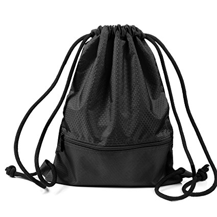 TURATA Sackpack Gymsack Drawstring Gym Bag with Pockets for Outdoor Storage (Black, Standard)