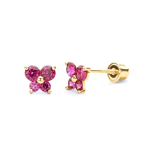 14k Yellow Gold Butterfly Stud Earrings with Screw Back- 12 Different Color Available