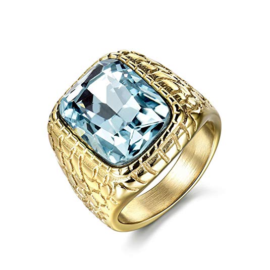 MASOP Engraved Stainless Steel Mens Ring Blue Synthetic Aquamarine Cubic Zirconia Gold Color Luxury
