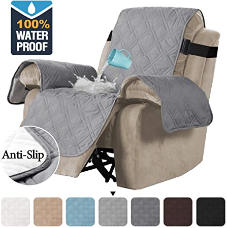 H.VERSAILTEX 100% Waterproof Quilted Recliner Chair Cover Recliner Cover Recliner Slipcover for Living Room, Secure with Elastic Strap and Non Slip Puppy Paw Silicone Backing (Standard, Dove)