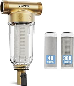 VEVOR 40/300 Micron Sediment Filter, 20GPM Spin Down Water Filter, Reusable Upgrade Flushable Pre-Filtration, Whole House Sediment Filter for Well/City Water, Brass Head, 3/4" FNPT   1" MNPT