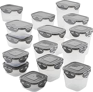 Rachael Ray Leak-Proof Stacking Container Food Storage Bin Set, 30-Piece, Clear with Gray Lids