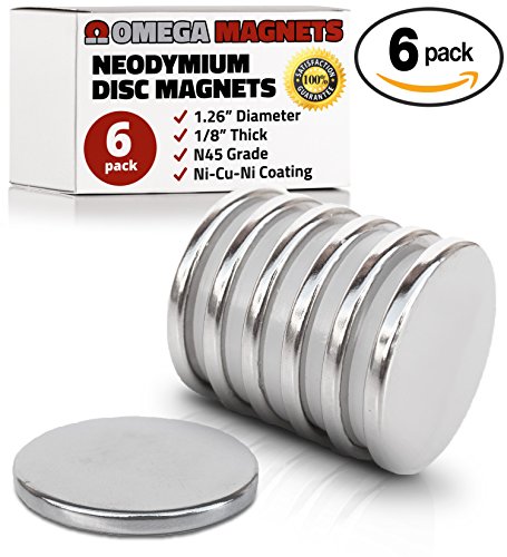 Strong Neodymium Disc Magnets (6 Pack) - 2x Stronger, 2x Thicker, Powerful, Small, Round, Rare Earth Magnets - N45 Industrial Strength NdFeB Magnet Set for Fridge, DIY, Crafts - 1.26” x 1/8"