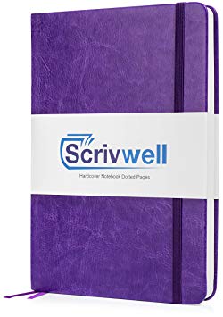 Scrivwell Dotted A5 Hardcover Notebook - 240 Dotted Pages with Elastic Band, Two Ribbon Page Markers, 100 GSM Paper, Pocket Folder - Great for Bullet journaling (Purple)
