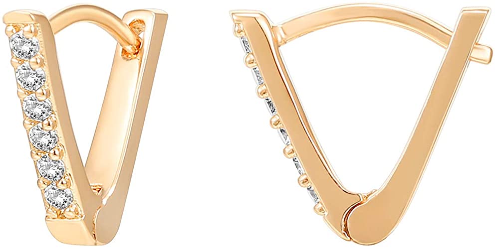 PAVOI 14K Gold Plated Sterling Silver Post V-Shaped Huggie Earrings - Cubic Zirconia Studded Small Hoop Earrings for Women in Rose Gold, White Gold and Yellow Gold Plating