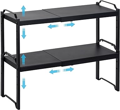 2 Pack Expandable Cabinet Countertop Shelves, Stackable Shelves Organizers For Kitchen Cabinet Countertop Storage, Adjustable Counter Cupboard Pantry Organizer Shelf Rack Stand, Length:20.5"