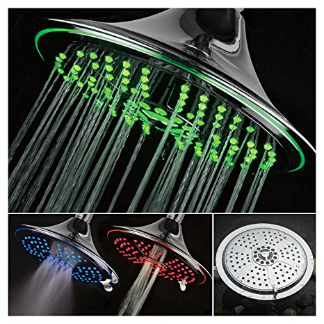 DreamSpa Ultra-Luxury Extra-large 8 Inch Chrome Face 5-Setting Rainfall LED Shower-Head by Top Brand Manufacturer. Color of LED lights changes automatically according to water temperature