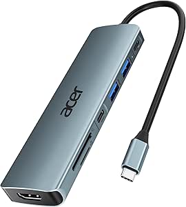 Acer USB C Hub, 7 en 1 USB C vers HDMI Splitter, 2 USB 3.1 GEN1 et Port de Données Type-C 5Gbps, Port HDMI 4K, Chargement PD 100W, Lecteur de Carte SD, pour iPad Pro MacBook Pro