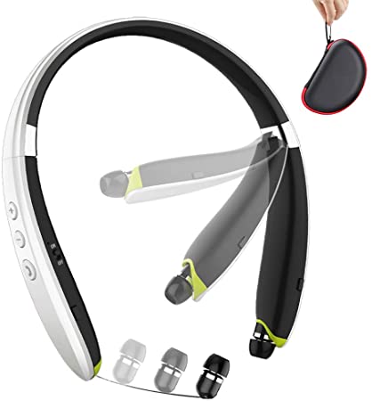 Bluetooth Headphones, BEARTWO Upgraded Foldable Wireless Neckband Headset with Retractable Earbuds, Noise Cancelling Stereo Earphones with Mic for Workout, Running, Driving (with Carry Case) (White)