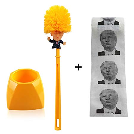LadyRosian Donald Trump Toilet Brush with Printing Toilet Paper - Easy Grip,Toilet Brush Sturdy,Deep Cleaning,Yellow Design