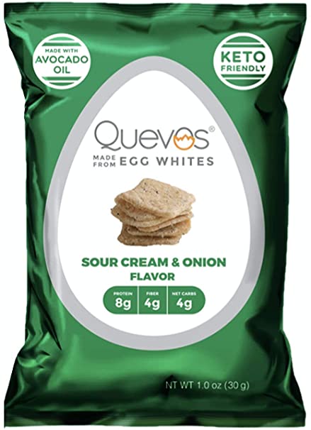 Quevos Keto Sour Cream and Onion Flavor - Low Carb Egg White Chips - Crunchy, High Protein, Keto Snacks - Gluten Free Grain Free and High Fiber, Perfect for Any Diet (1.1 oz Bags - 12 Pack)