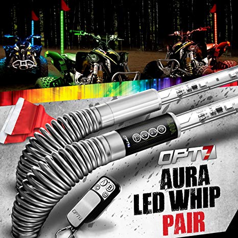 OPT7 Aura 6ft LED Whip Pair w/Quick Release Shock Spring, Remote, Flag - 64  Multi-Color Light Patterns - Shatterproof Waterproof Build - All-Terrain Off Road ATV SidexSide Jeep Sand Buggy
