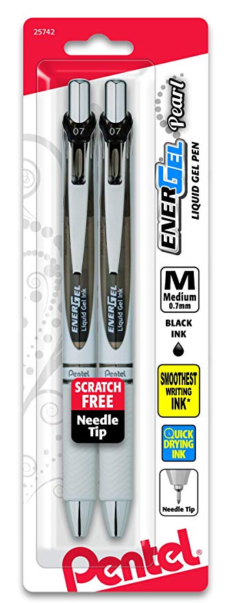 Pentel EnerGel Pearl Deluxe RTX Retractable Gel Pen, 0.7mm Needle Tip, 2 Pack, Black Ink (BLN77WBP2A)