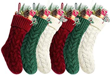 Kunyida 18 Inches Burgundy, Ivory, Green Knitted Christmas Stockings,6 Pack
