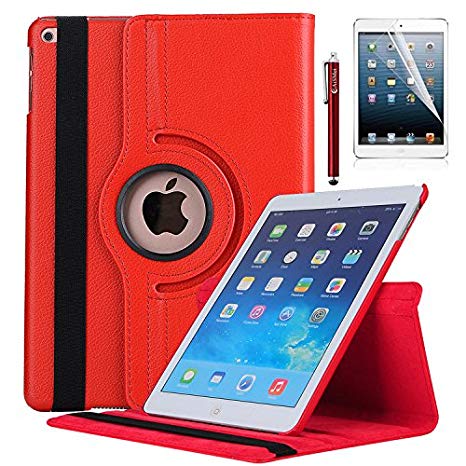 New iPad 9.7 2018 2017 / iPad Air Case - AiSMei Rotating Stand Case Cover with Auto Wake Sleep for Apple iPad 9.7" (6th Gen, 5th Gen) / iPad Air 2013,Bonus Stylus   Film - Red