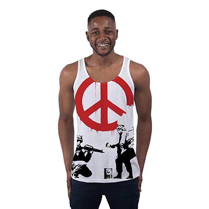 Mens Banksy Peace Solder Pattern Vests Gym Workout Printed Tank Top Summer Holiday Clothes