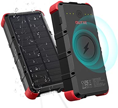 OUTXE W20 20000mAh Solar Wireless Power Bank with Flashlight IP67 Waterproof Solar Charger 4A Dual Input Quick Charge Rugged Portable Phone Charger