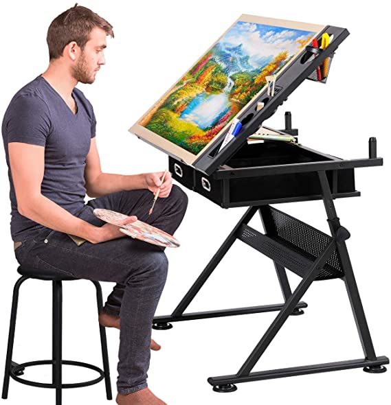 HOMFY Drafting Desk Adjustable Draft Drawing Table Tabletop Tilted Art Craft Work Station for Adults, Artists and Architecture - Wood