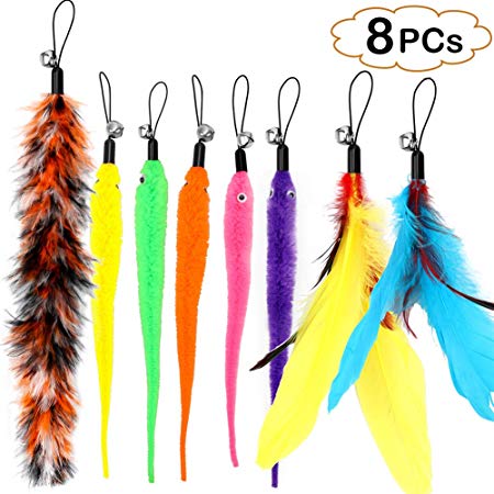 Bascolor Retractable Cat Toys Interactive Feather Teaser Wand Toy with 7 Refills Feathers Birds Worms Catcher for Kitten Cats (8pcsFeathers)