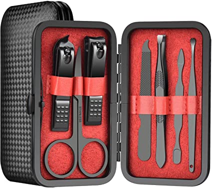 Manicure Set, HailiCare 7 In 1 Professional Nail Clippers Set Pedicure Tools, Stainless Steel Leather Men's Grooming Set Travel Case (Red-7 in 1 Kit)