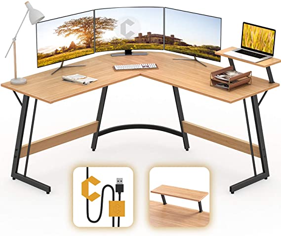 Cubiker Modern L-Shaped Desk Computer Corner Desk, PC Laptop Writing Study Desk for Home Office Wood & Metal, Natural