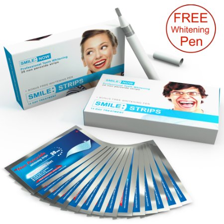 Teeth whitening strips plus BONUS FREE Whitening Pen 100 Moneyback Guarantee - SMILENOW - FREE DELIVERY - The best professional teeth whitener home kit includes NATURAL ingredients and ZERO hydrogen peroxide for a white healthy smile Pack of 28 strips - 14 day course is UK and EU approved safe for sensitive teeth and a proven 30 minute treatment No need for dentist kits - trays - gel - toothpaste and other products