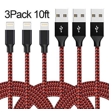 XUZOU iPhone Cable,Lightning Cable 3Pcks 10FT to USB Syncing and Charging Cable Data Nylon Braided Cord Charger for iPhone 7/7 Plus/6/6 Plus/6s/6s Plus/5/5s/5c/SE and more (3Pcks Black&Red)