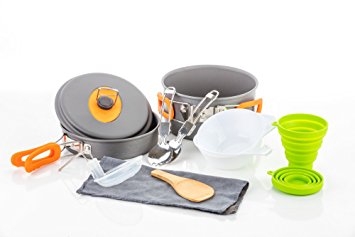 Camping Cookware Survival Mess Kit - 13 Piece Cookware Set by Outdoor Anywhere - Backpacking Hiking Outdoors Cooking Equipment Gear - Compact Hard Anodized Aluminum Pot Pan Bowl With Silicone Handles