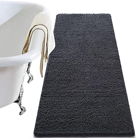 LOCHAS Luxury Bathroom Rug 24x70 Inches, Non Slip Shaggy Bath Rugs, Absorbent Chenille Bathroom Rugs, Washable Quick Dry Bath Mat for Shower Floor, Dark Gray