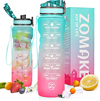 ZOMAKE 1L/32OZ Motivational Water Bottle with Time Markings & Strainer, BPA Free Leakproof Water Jug for Sports & Fitness