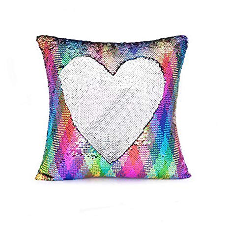 Pillow Case Sequins Cushion Cover - Wonder4 Reversible Mermaid Throw Pillow Case Color 16x16 inches Changing Sequins Standard Cotton for Couch Decoration (Colorful Wave&Silver)
