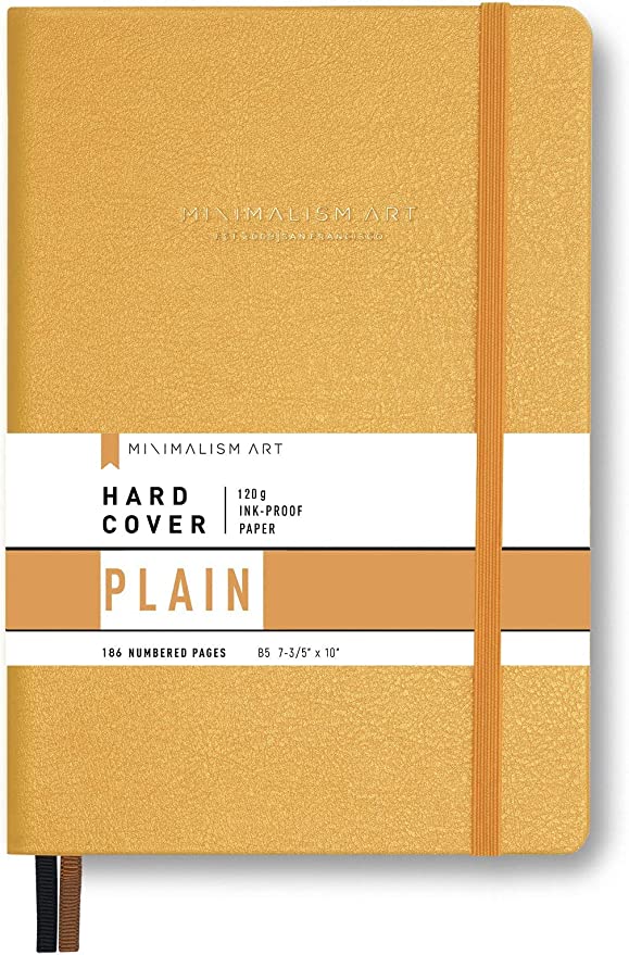 Minimalism Art, Premium Hard Cover Notebook Journal, Large Size, Composition B5 7.6"x10", 186 Numbered Pages, Gusseted Pocket, Ribbon Bookmark, Extra Thick Ink-Proof Paper 120gsm (Plain, Amber)