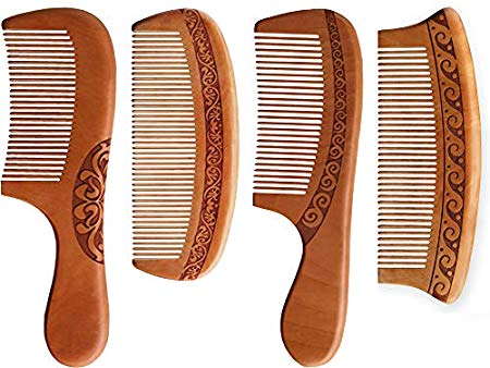 Wooden Hair Comb, Anti-Static, Detangling Fine Tooth Shower Comb SET, Great for Hair, Curly Hair, Normal Hair, Beard, Mustache. Made from Natural Peach Wood