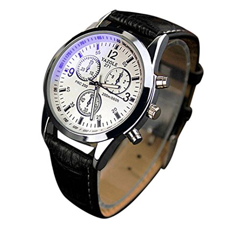 Lily's Gift Mens Blue Ray Glass Luxury Leather Band Analog Quartz Watch White Black