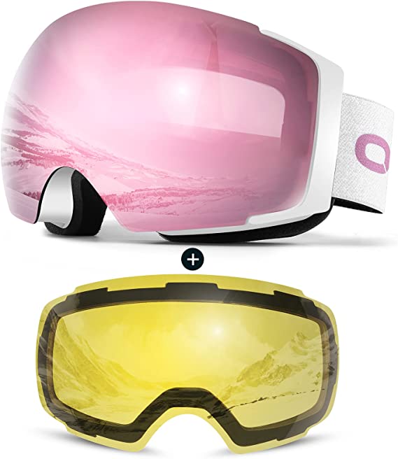 Odoland Ski Goggles, OTG and UV Protection Snowboard Goggles with Magnetic Interchangeable Lens for Men & Women