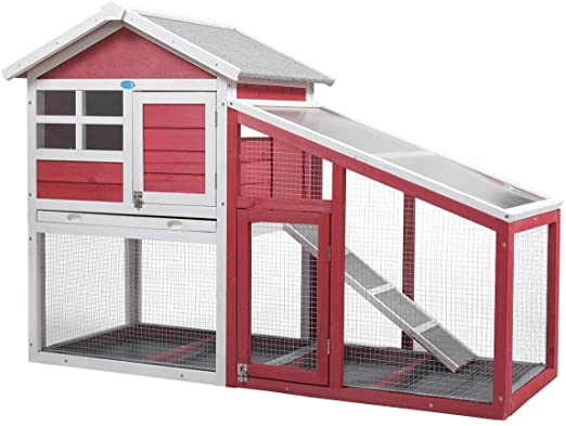 JAXPETY Rabbit Hutch Wooden Bunny Coop Hen House Outdoor Two-Story Animal Pet cage Garden Backyard with Run, 2 Colors(Red/Gray and White)