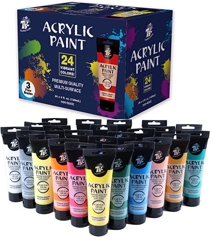 TBC The Best Crafts Acrylic Paint Set, 24 Tubes of 4 Oz / 120mL, Large Acrylic Paints for Painting Canvas, Wood, Fabric, Premium Painting Supplies for Artist and Beginners