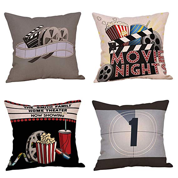 Steven.Smith Movie Theater Cinema Personalized Cotton Linen Square Burlap Decorative Throw Pillow Case Cushion Cover 18 inch (4 Pack Movie Time Design)