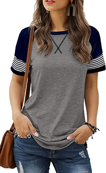 Sieanear Womens T Shirts Short Sleeve Striped Color Block Leopard Casual Tops