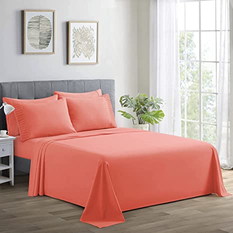 Marina Decoration Ultra Soft Silky Deep Pocket Solid Rayon from Bamboo All Season 6 Pieces Sheet Set with 4 Pillowcases, Coral Color King Size